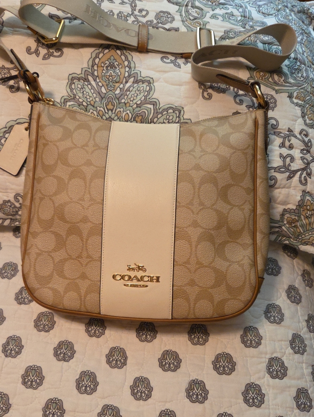 Coach Khaki Signature Canvas with Chalk Center Stripe Crossbody